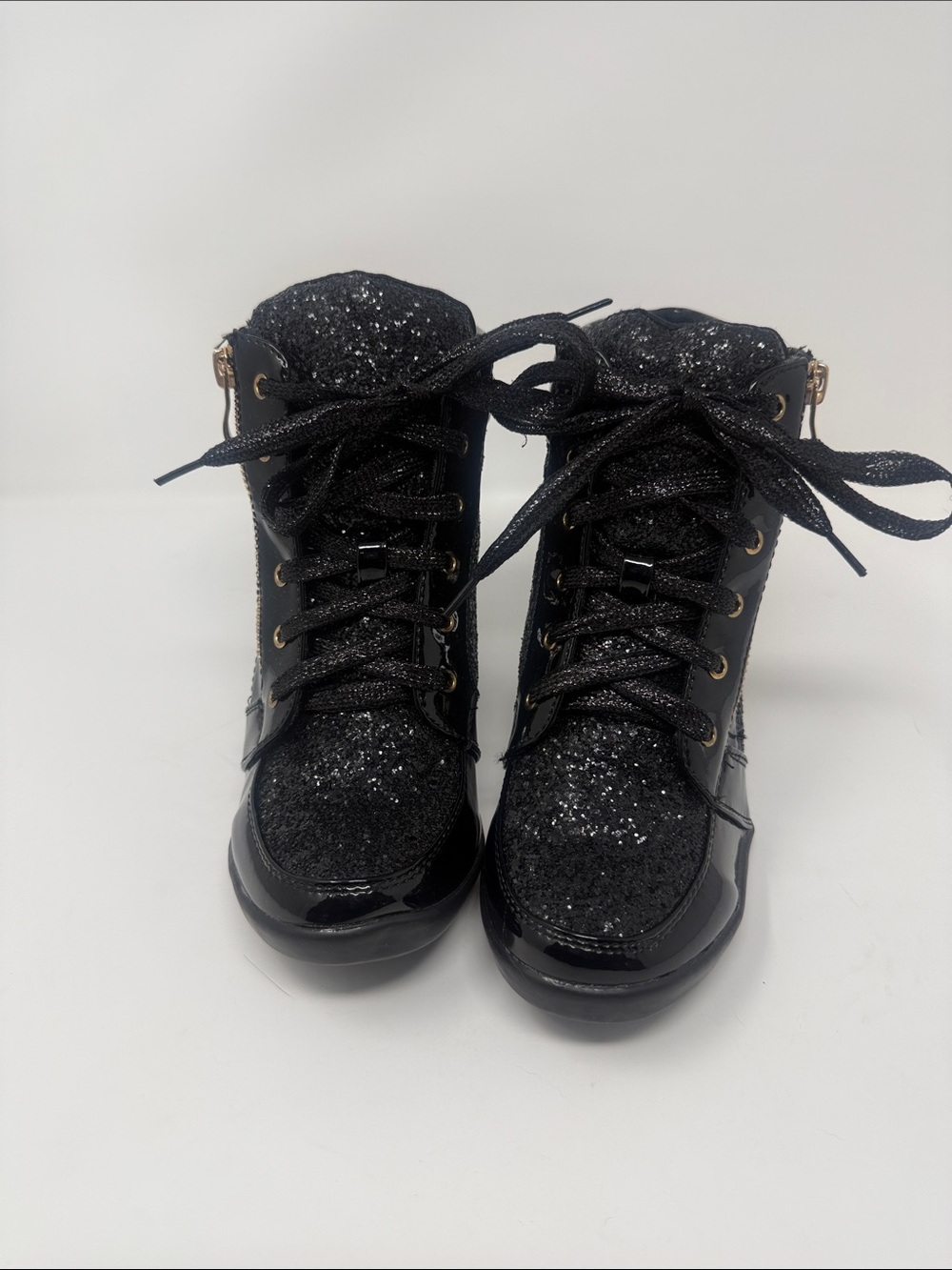 Forever Link Black Glitter Lace-Up Ankle Booties with Patent Trim